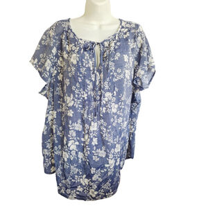 COMO Vintage Blue White Floral 2X peasant boho cottage core officecore Blouse